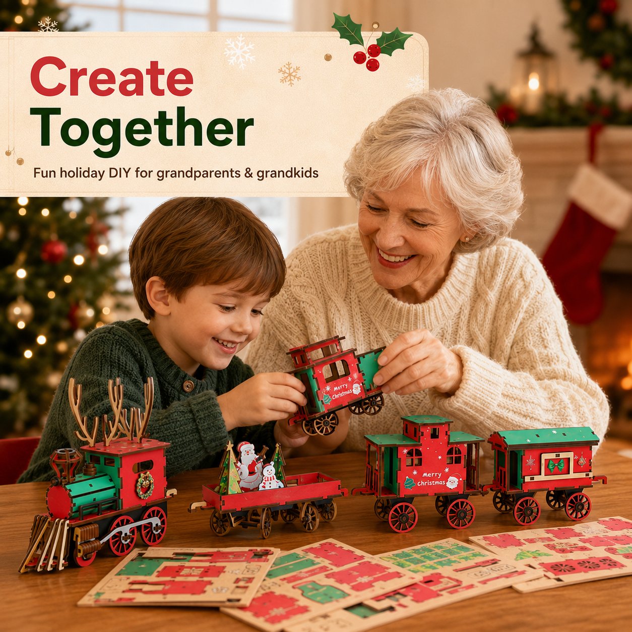 🎄LAST DAY 50% OFF – 🚂DIY Christmas Wooden Train Set – Festive 3D Assembly Puzzle & Holiday Decoration