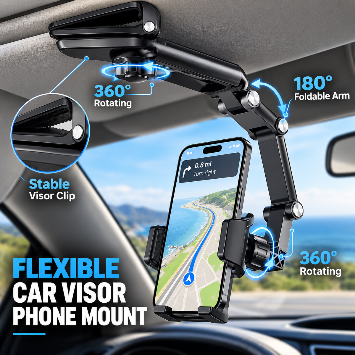 🔥HOT SALE-📱New 1080° Multi-function Sun Visor Universal 360 Degree Rotating Phone Holder✨