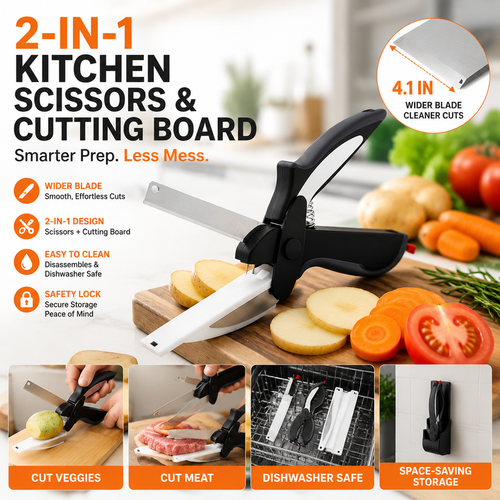 2-in-1 Kitchen Scissors with Cutting Board – Stainless Steel Food Cutter for Meat, Vegetables, Fruit & Cheese