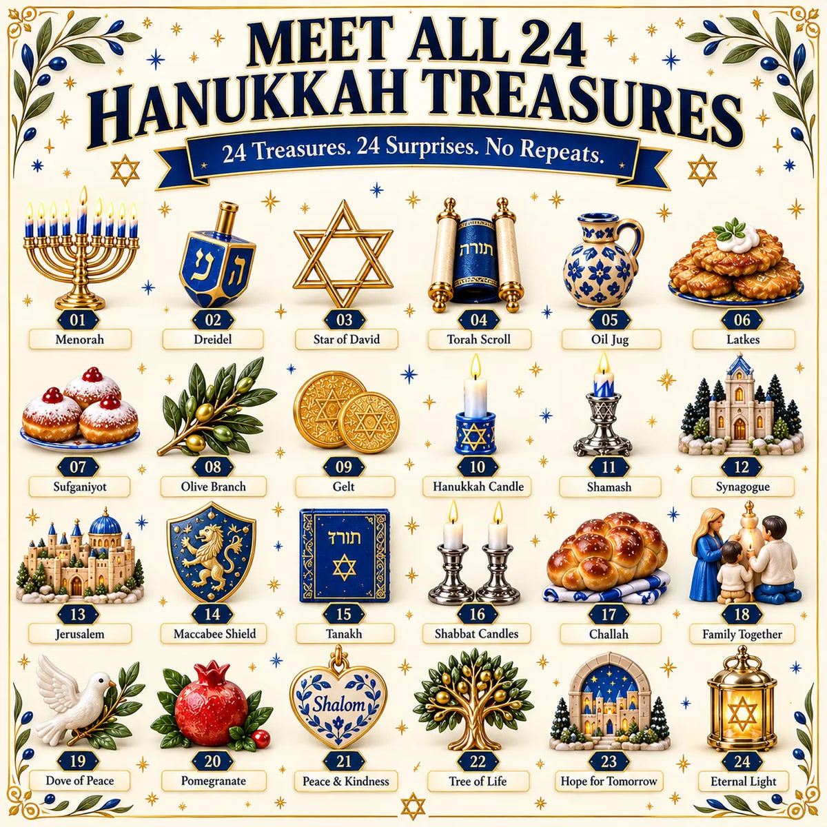 🔥Buy 2 Get 20% OFF🔥24 Treasures of Hanukkah – Traditions, Symbols & Light Countdown Calendar