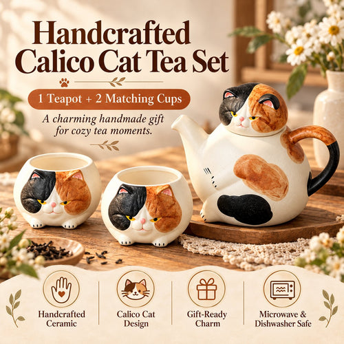 Handcrafted Calico Cat Teapot & Cup Set