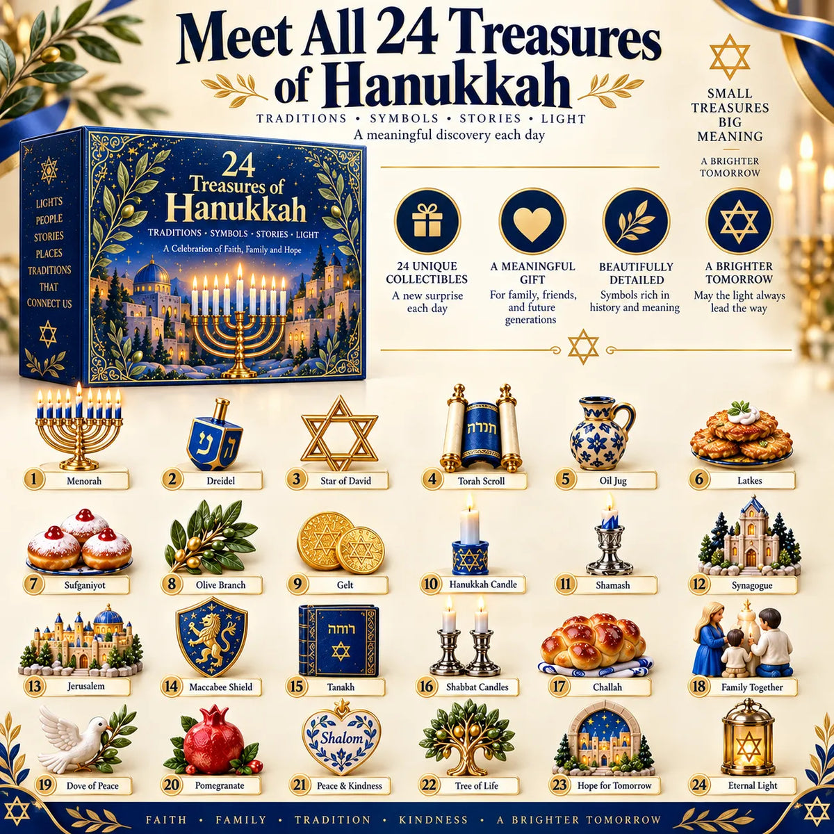🔥Buy 2 Get 20% OFF🔥24 Treasures of Hanukkah – Traditions, Symbols & Light Countdown Calendar