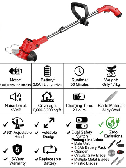 🌿 Lightweight Cordless Grass Trimmer – Quiet 9000 RPM Lawn Care Tool