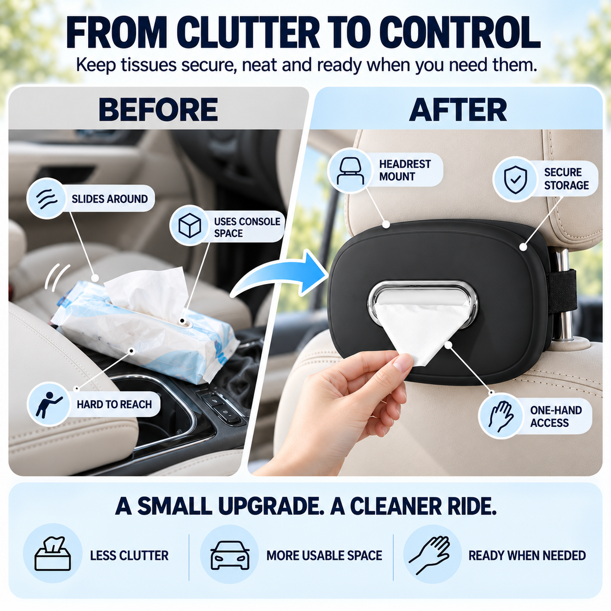 🚗 Keep Tissues Within Reach – Washable Silicone Car Headrest Tissue Holder