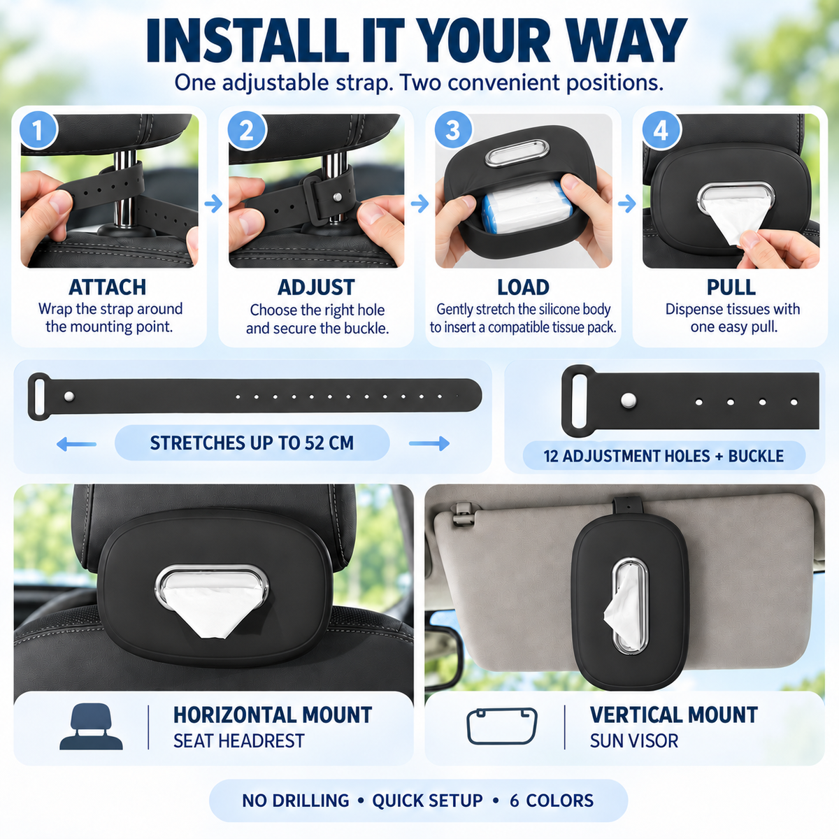 🚗 Keep Tissues Within Reach – Washable Silicone Car Headrest Tissue Holder