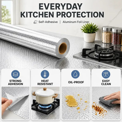 Self-Adhesive Aluminum Foil Kitchen Backsplash Wallpaper, 15.7x118in Oil-Proof Waterproof Heat-Resistant Easy-Clean Peel-and-Stick Silver Contact Paper for Countertops, Cabinets