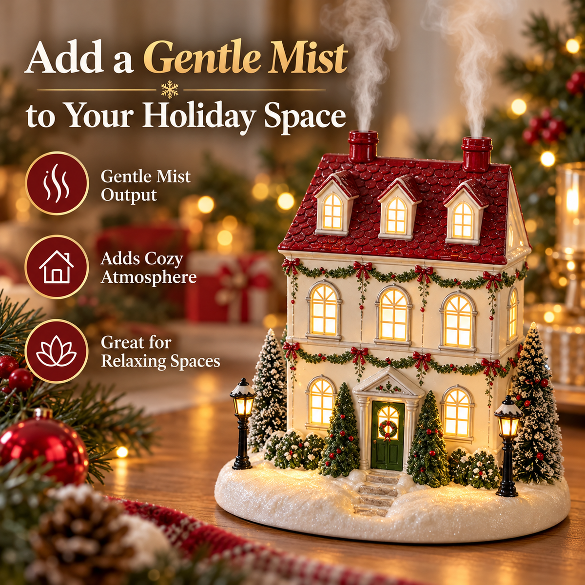 🏠 Christmas House Aroma Diffuser – Gentle Mist & Glowing Windows