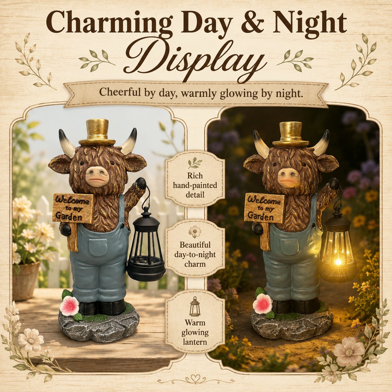 🔥HOT SALE 49% OFF🐮Handcrafted Highland Cow Solar Garden Lantern Statue – Cozy Farmhouse Outdoor Decor