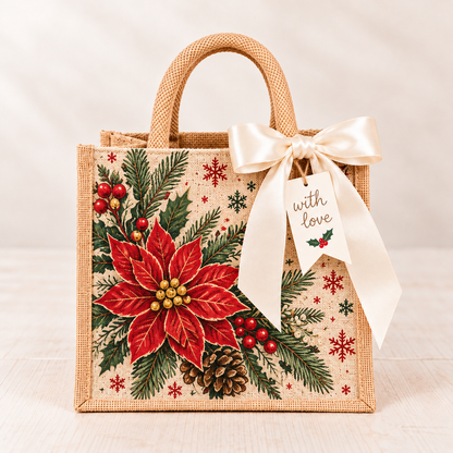 🎁 Vintage Christmas Burlap Gift Tote Bag – Reusable Rustic Holiday Gift Bag with Ribbon & Gift Tag