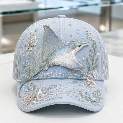 🌊 3D Ocean Creatures Embroidery Cap | Pearl & Crystal Adjustable Hat for Beach, Travel & Everyday Wear