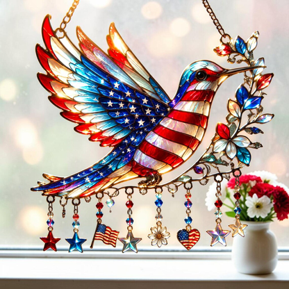 🕊️ Charm Patriotic Hummingbird 🎨 - Personalized Acrylic Window Hanging Suncatcher ✨ | 250th Anniversary Gift 🎁
