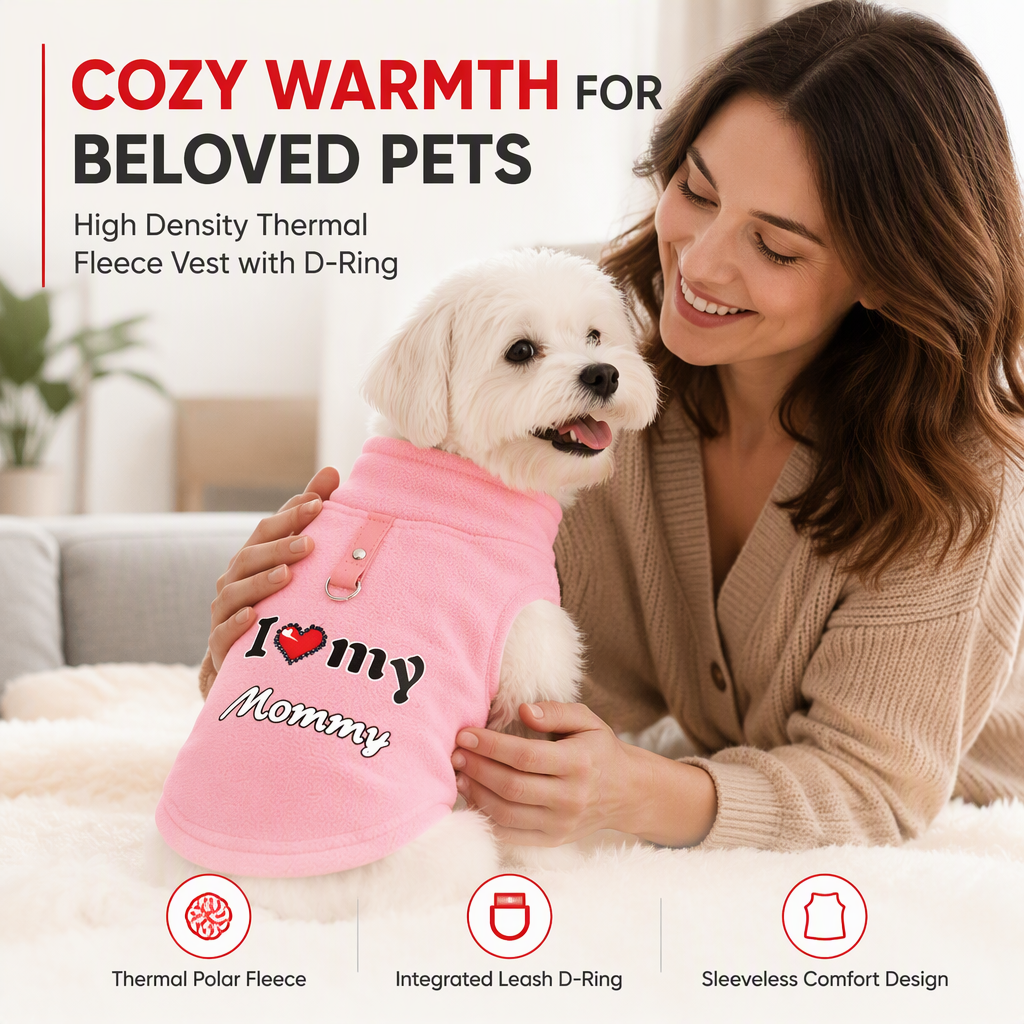 Little Love Cozy Plush Dog Vest – Warm Sleeveless Pet Sweater with Built-In Leash Ring, Cute Love Daddy & Mommy Designs
