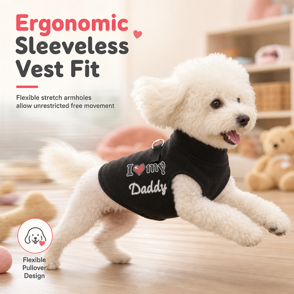 Little Love Cozy Plush Dog Vest – Warm Sleeveless Pet Sweater with Built-In Leash Ring, Cute Love Daddy & Mommy Designs