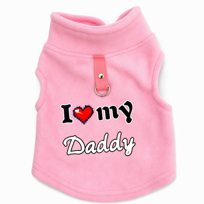 Little Love Cozy Plush Dog Vest – Warm Sleeveless Pet Sweater with Built-In Leash Ring, Cute Love Daddy & Mommy Designs